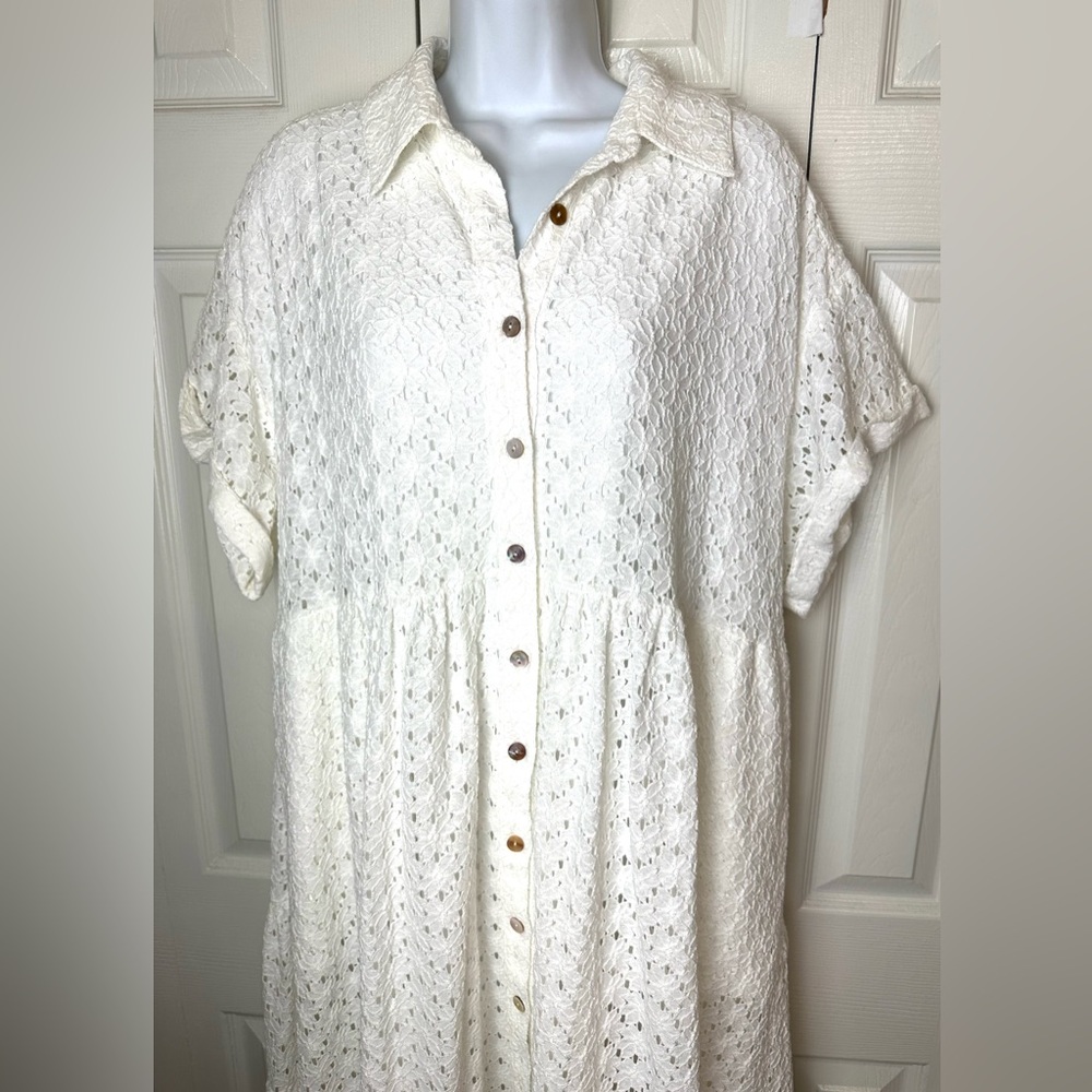 New OLI + HALI Camilla Midi Dress White Eyelet Boho Oversized Cotton Tiered Knit - Picture 4 of 12